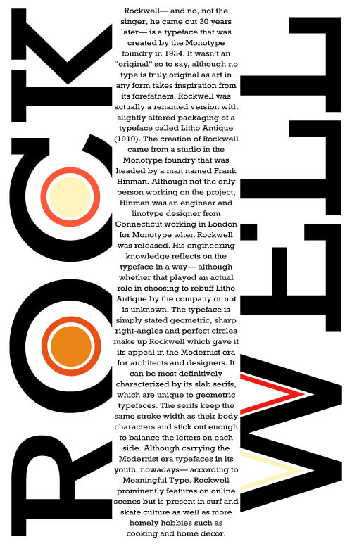 A typography poster about the typeface Rockwell. The style is in in early 1900s modernist and contains information about the history of the typeface.