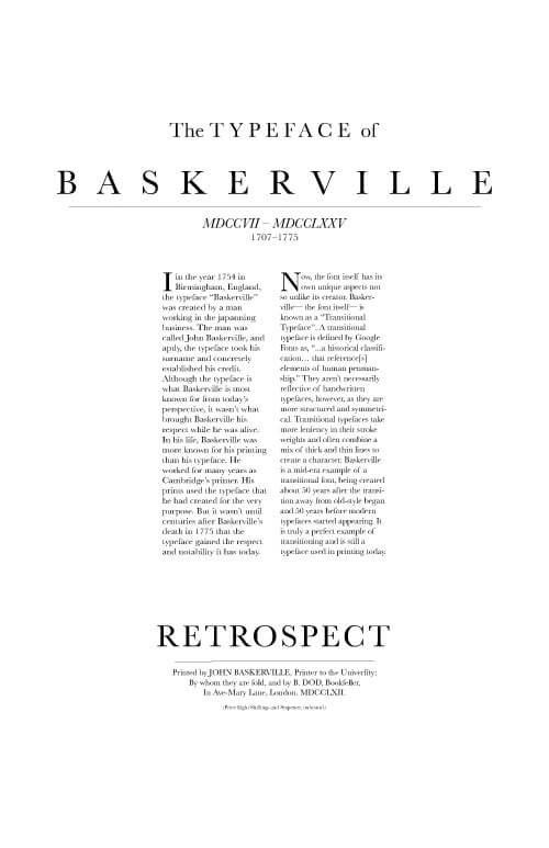 A typography poster about the typeface Baskerville. It is arranged like a book print and contains information about the history of the typeface.