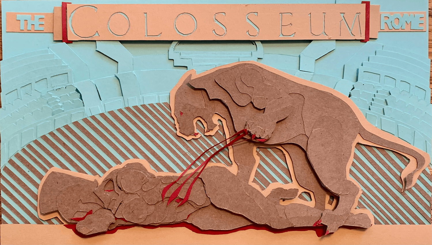 A design made out of heavily layered cut pieces of paper depicting an arena fight in Rome. Taking place in the Colosseum a lion towers over the body of a fallen fighter.